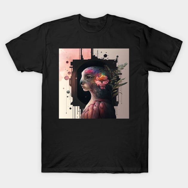 Ai genereated art , flowers, girl, parrot, digital, abstract scenery, surreal, fantasy T-Shirt by chandelier2137